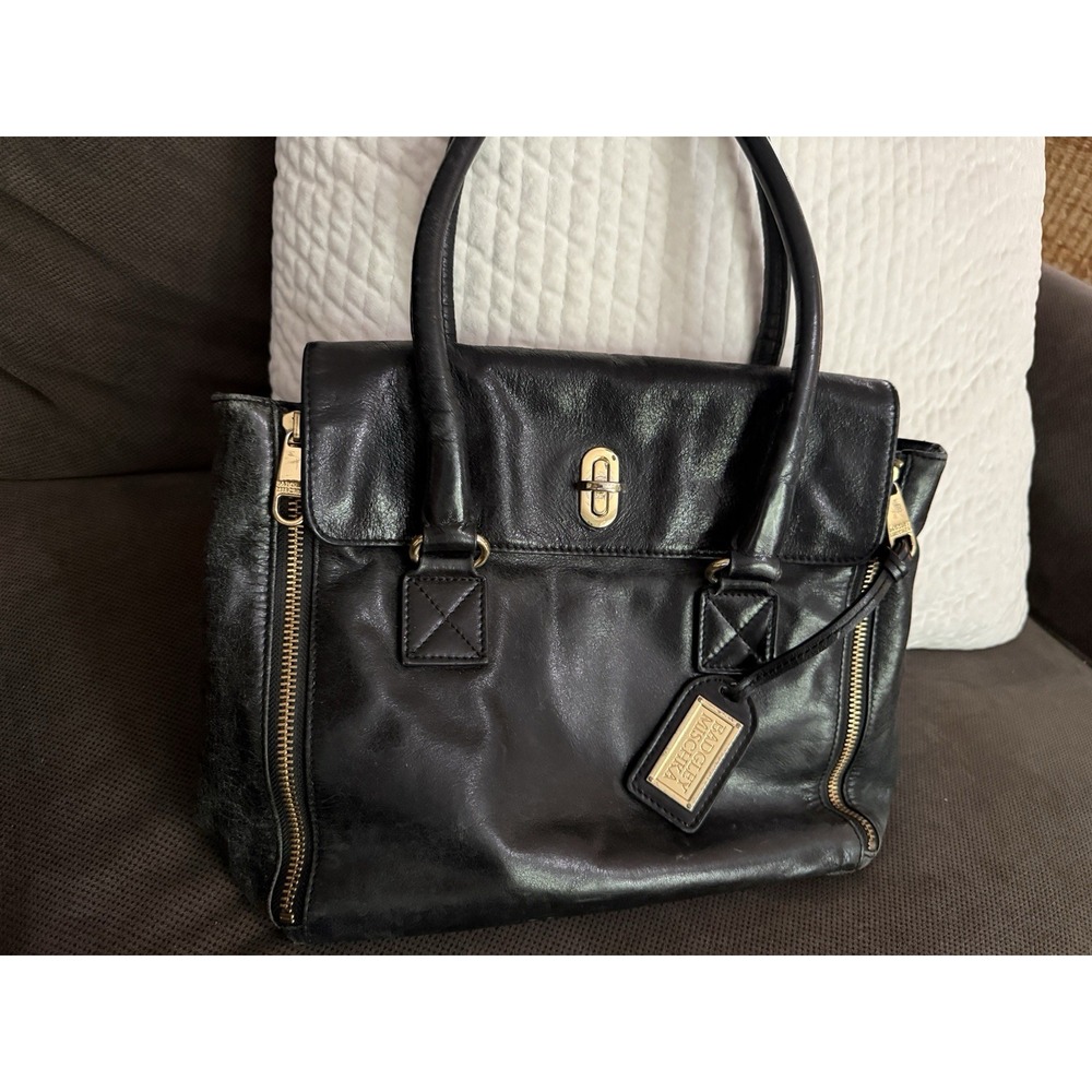 Badgley Mischka Black Satchel/Top Handle Turn Lock Hardware Charm Quiet Luxury